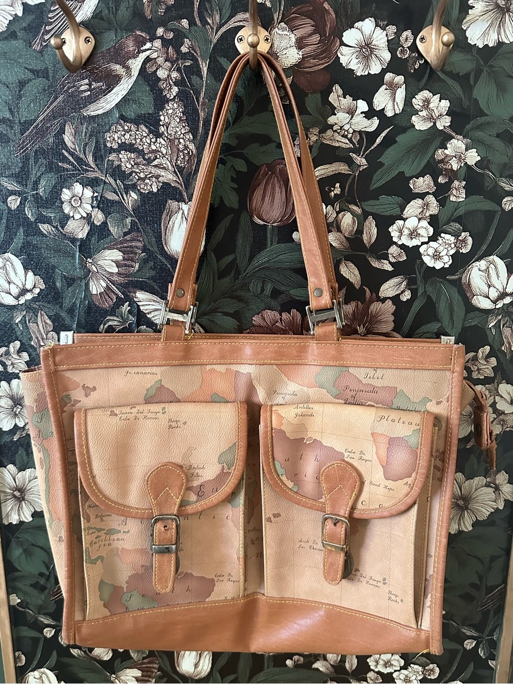 Vintage 1980s Gitano Duffel Bag World Map Travel Beige  Carryon Luggage Tag